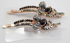 Hair Pins Black and White Colored Jeweled Pair